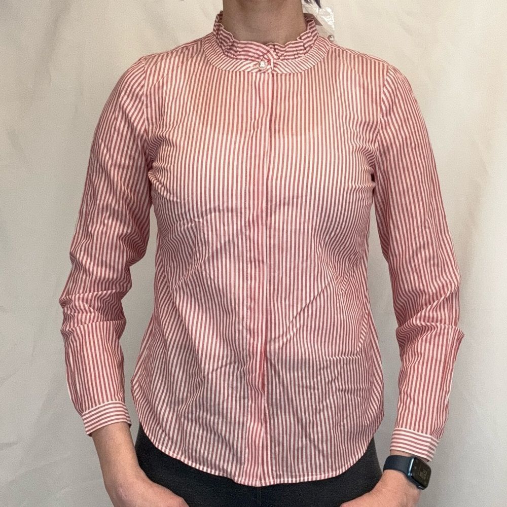 Talbots Women's NWT Sheer Striped Blouse XS Red White High Neck